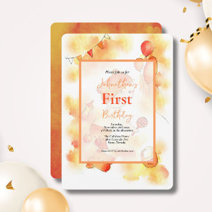 Cute Orange Watercolor Baby & Toys 1st Birthday Invitation