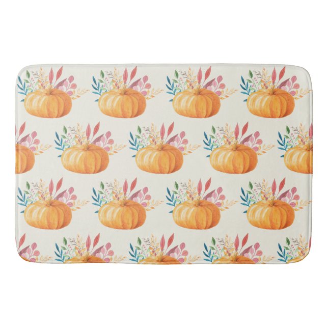 Cute Orange Watercolor Pumpkin Pattern Bath Mat (Front)