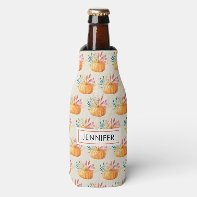 Cute Orange Watercolor Pumpkin Pattern Bottle Cooler (Bottle Front)