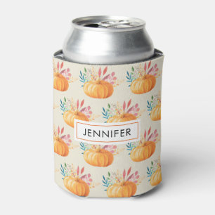 Cute Orange Watercolor Pumpkin Pattern Can Cooler