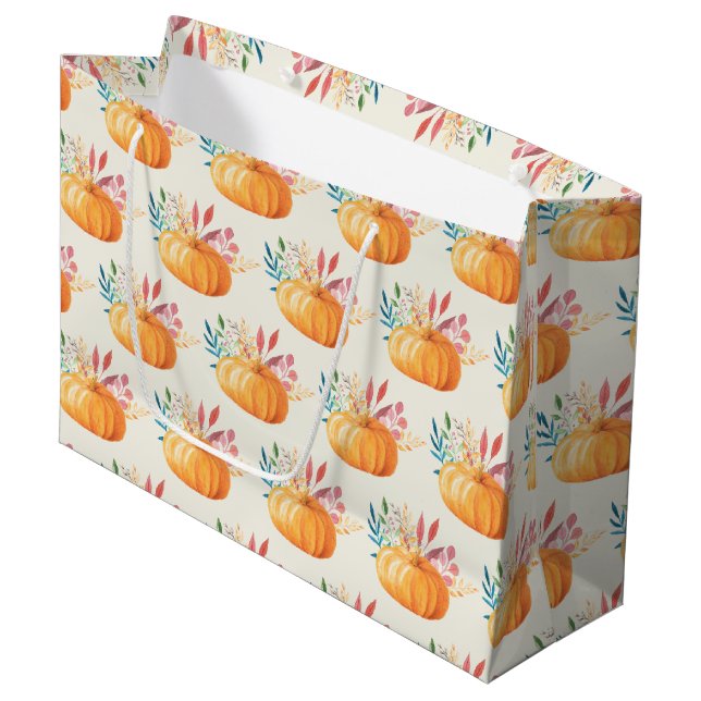Cute Orange Watercolor Pumpkin Pattern Large Gift Bag (Front Angled)