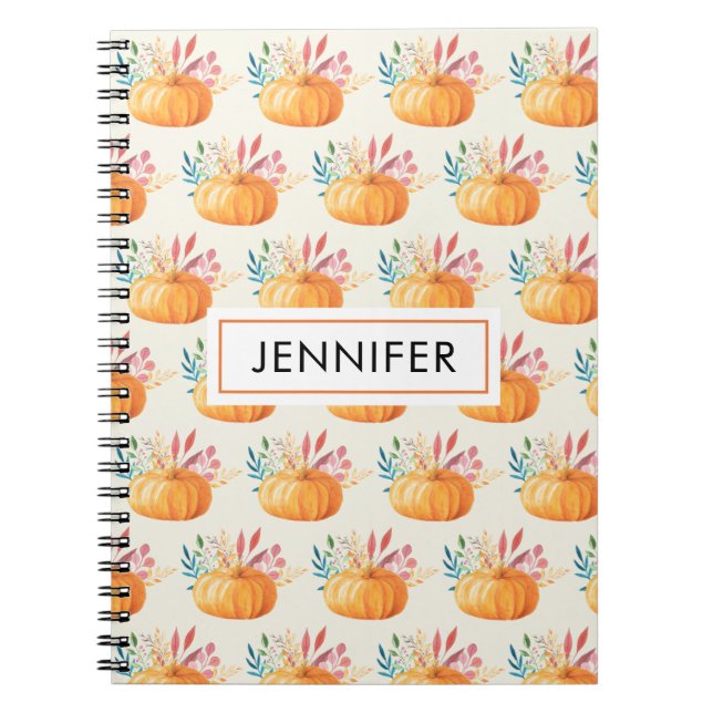 Cute Orange Watercolor Pumpkin Pattern Notebook (Front)