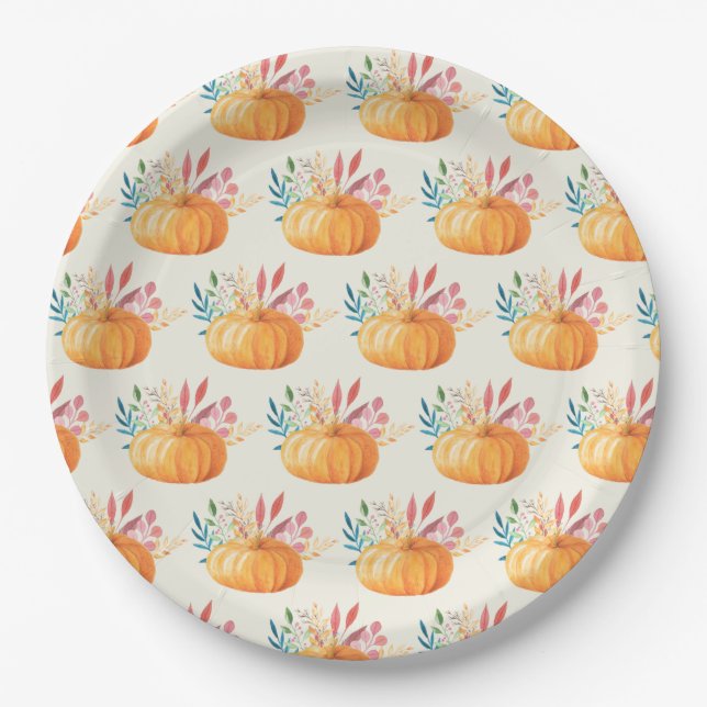 Cute Orange Watercolor Pumpkin Pattern Paper Plate (Front)