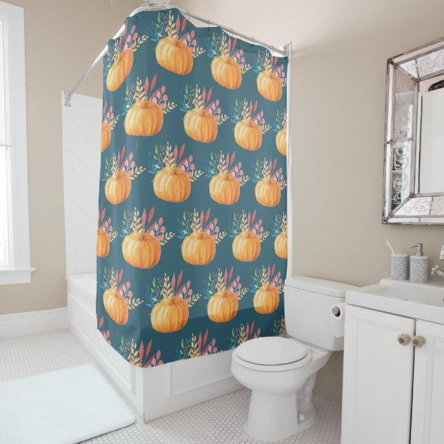 Cute Orange Watercolor Pumpkin Pattern Shower Curtain (In Situ)