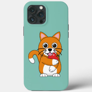 Cute Orange White Cat Eating Red Apple Cartoon iPhone 13 Pro Max Case