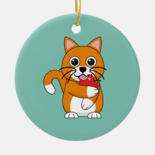 Cute Orange White Cat Eating Red Apple Cartoon Ceramic Tree Decoration