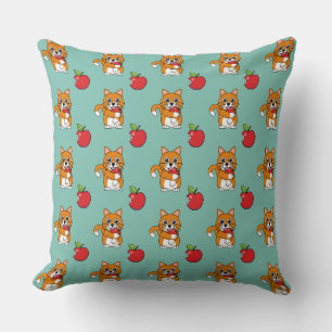 Cute Orange White Cat Eating Red Apple Cartoon Cushion