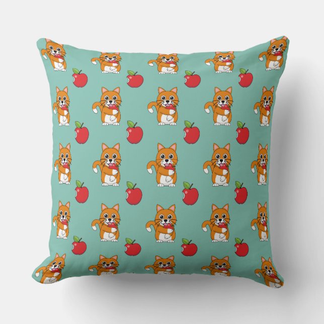 Cute Orange White Cat Eating Red Apple Cartoon Cushion (Front)