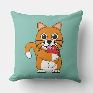 Cute Orange White Cat Eating Red Apple Cartoon Cushion