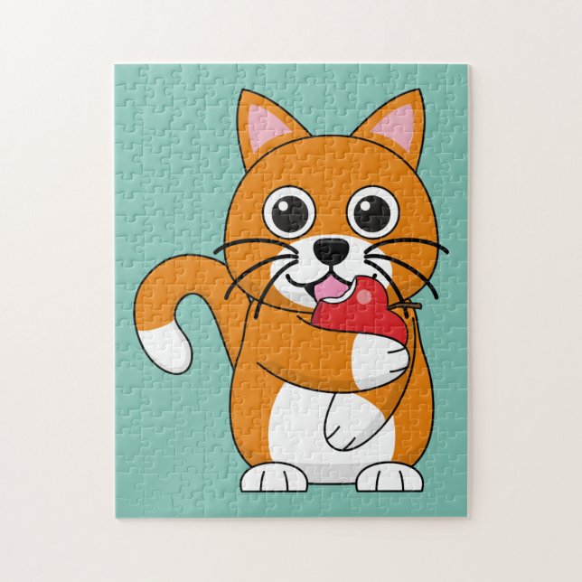 Cute Orange White Cat Eating Red Apple Cartoon Jigsaw Puzzle (Vertical)