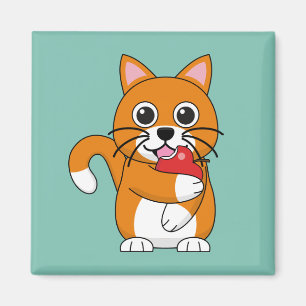 Cute Orange White Cat Eating Red Apple Cartoon Magnet