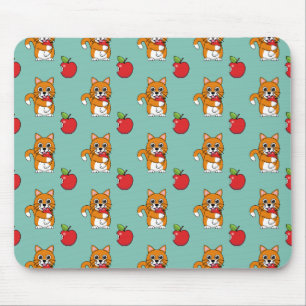 Cute Orange White Cat Eating Red Apple Cartoon Mouse Mat