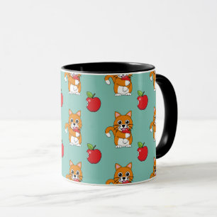 Cute Orange White Cat Eating Red Apple Cartoon Mug