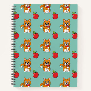 Cute Orange White Cat Eating Red Apple Cartoon Notebook
