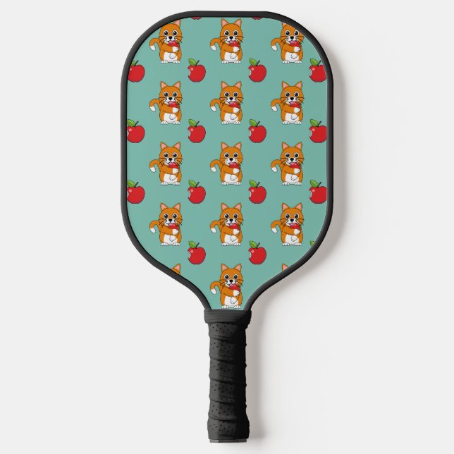 Cute Orange White Cat Eating Red Apple Cartoon Pickleball Paddle (Front)