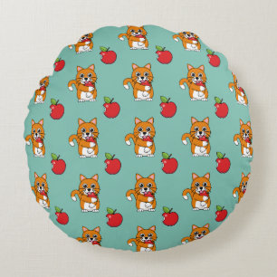 Cute Orange White Cat Eating Red Apple Cartoon Round Cushion
