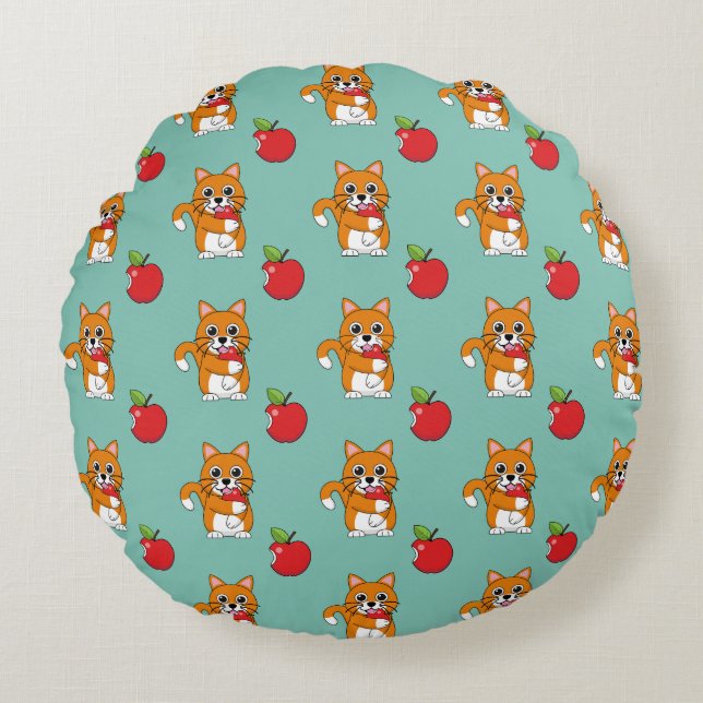 Cute Orange White Cat Eating Red Apple Cartoon Round Cushion (Front)