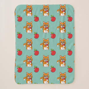 Cute Orange White Cat Eating Red Apple Cartoon Sherpa Blanket