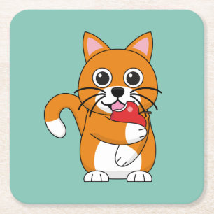 Cute Orange White Cat Eating Red Apple Cartoon Square Paper Coaster
