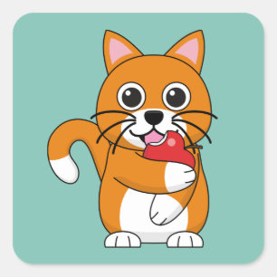 Cute Orange White Cat Eating Red Apple Cartoon Square Sticker