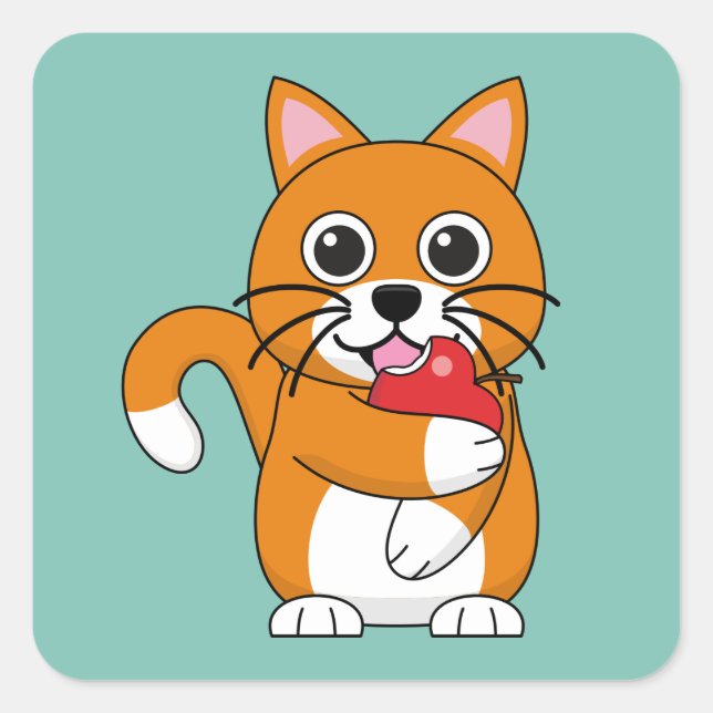 Cute Orange White Cat Eating Red Apple Cartoon Square Sticker (Front)