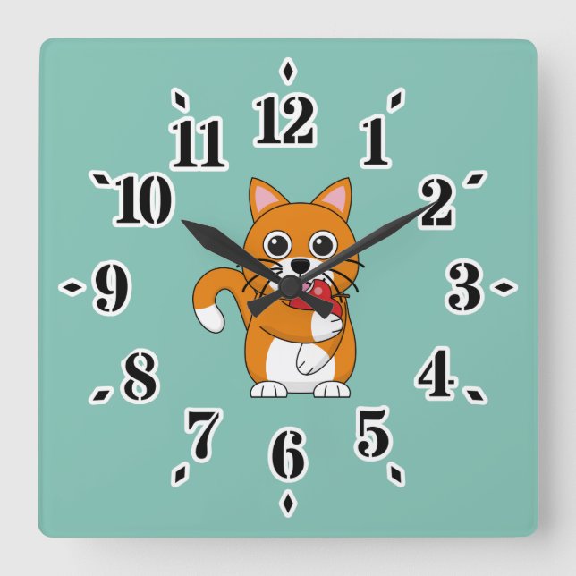 Cute Orange White Cat Eating Red Apple Cartoon Square Wall Clock (Front)