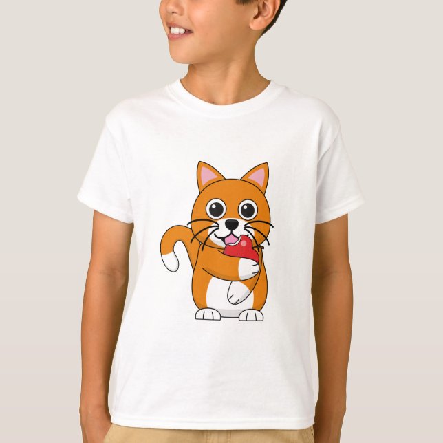 Cute Orange White Cat Eating Red Apple Cartoon T-Shirt (Front)