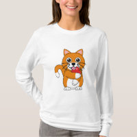 Cute Orange White Cat Eating Red Apple Cartoon