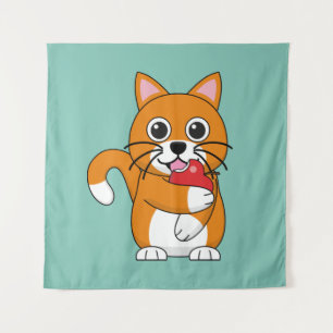 Cute Orange White Cat Eating Red Apple Cartoon Tapestry