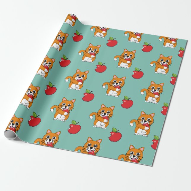 Cute Orange White Cat Eating Red Apple Cartoon Wrapping Paper (Unrolled)