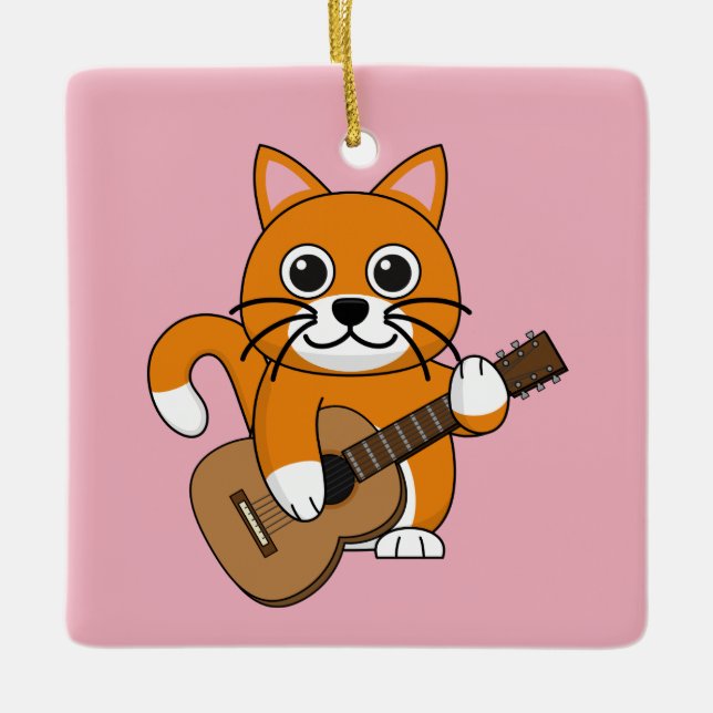 Cute Orange White Cat Playing Guitar Cartoon Ceramic Ornament (Front)