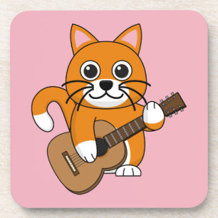 Cute Orange White Cat Playing Guitar Cartoon Coaster