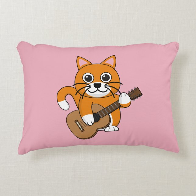 Cute Orange White Cat Playing Guitar Cartoon Decorative Cushion (Front)