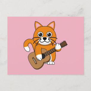 Cute Orange White Cat Playing Guitar Cartoon Holiday Postcard