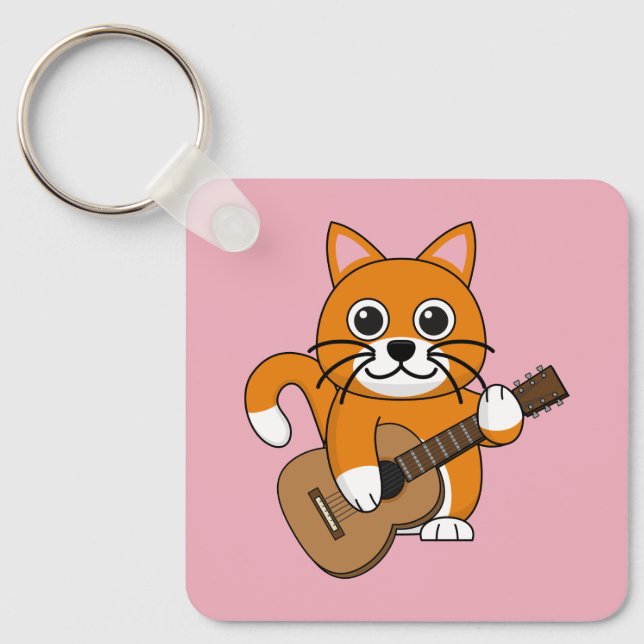 Cute Orange White Cat Playing Guitar Cartoon Key Ring (Front)