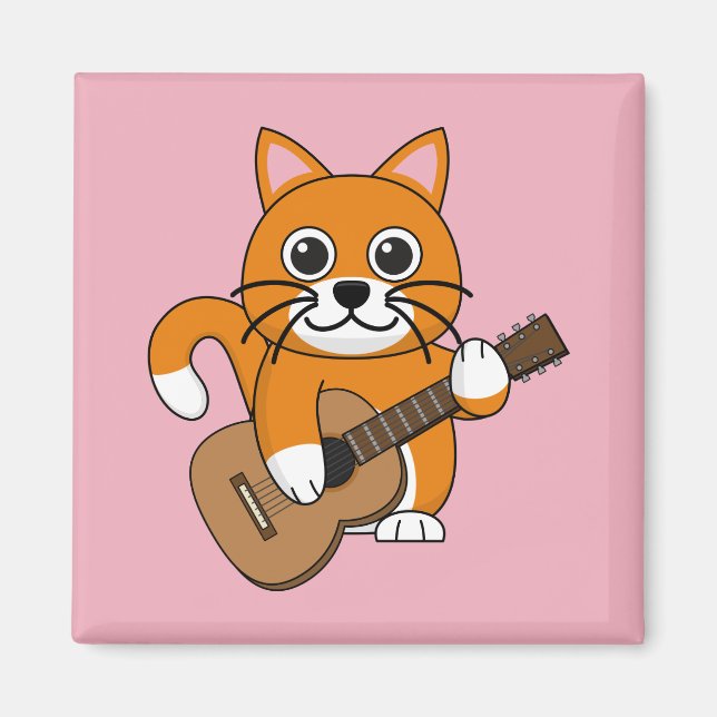 Cute Orange White Cat Playing Guitar Cartoon Magnet (Front)