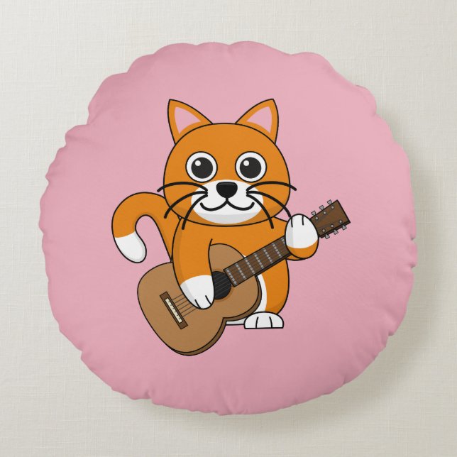 Cute Orange White Cat Playing Guitar Cartoon Round Cushion (Front)