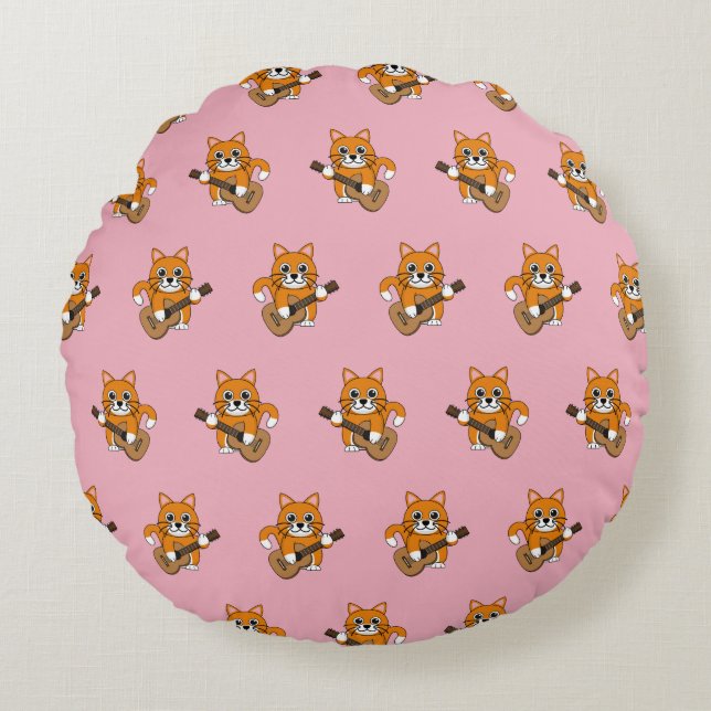 Cute Orange White Cat Playing Guitar Cartoon Round Cushion (Front)