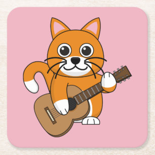 Cute Orange White Cat Playing Guitar Cartoon Square Paper Coaster