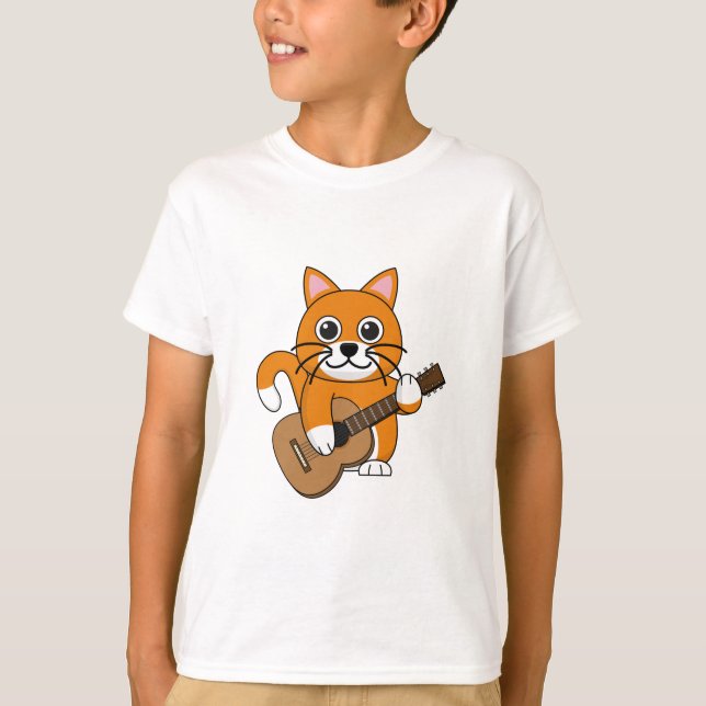 Cute Orange White Cat Playing Guitar Cartoon T-Shirt (Front)