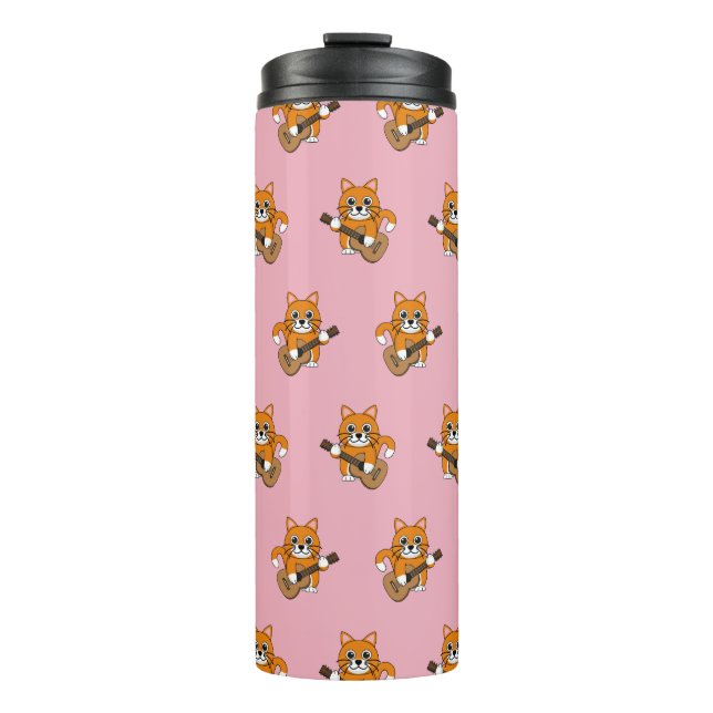 Cute Orange White Cat Playing Guitar Cartoon Thermal Tumbler (Front)