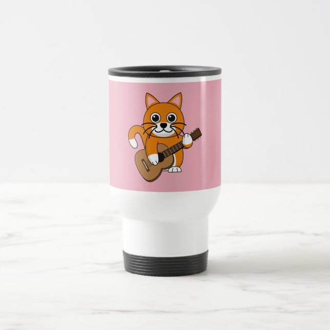 Cute Orange White Cat Playing Guitar Cartoon Travel Mug (Center)