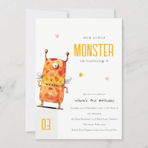 Cute Orange Yellow One Eyed Monster Kids Birthday Invitation