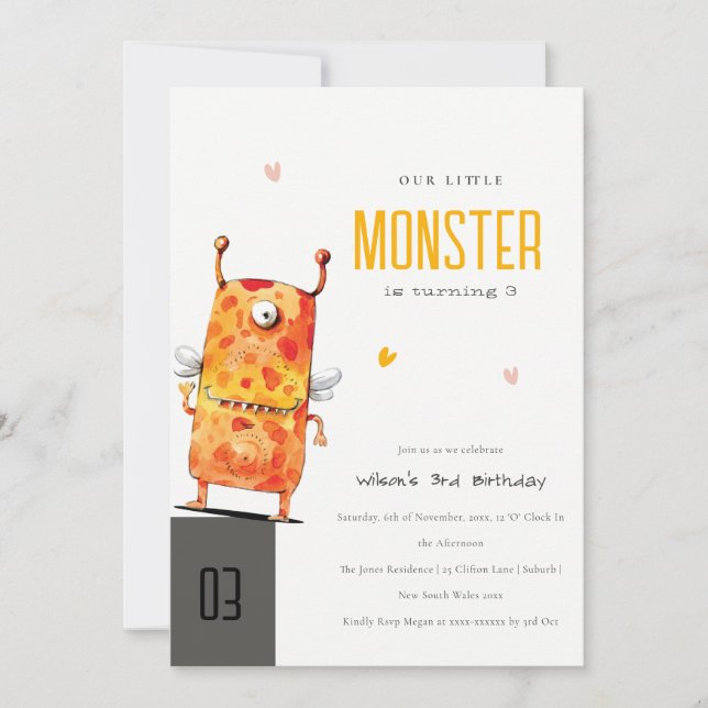 Cute Orange Yellow One Eyed Monster Kids Birthday Invitation (Front)