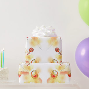 Cute Orange Yellow Watercolor Baby Bear & Balloons Wrapping Paper