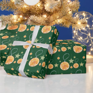 Cute Oranges and Stars On Green Wrapping Paper