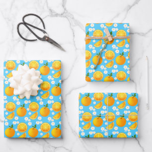 Cute oranges and White Flowers Wrapping Paper Sheet