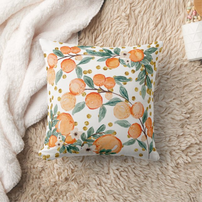 Cute Oranges Fruit Country Gold Glitter White Cushion (Blanket)