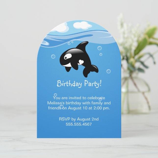 Cute Orca Whale Birthday Party Invitation (Standing Front)