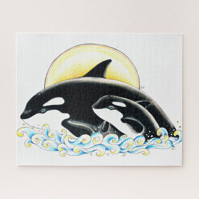Cute Orca whale Family ink art Jigsaw Puzzle (Horizontal)